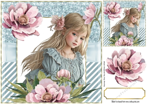 Pretty Girl With Pink Peonies And Blue Ornate Frame 8x8 (Two)