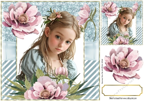 Pretty Girl With Pink Peonies And Blue Ornate Frame 8x8 (Three)