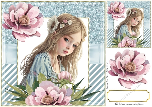 Pretty Girl With Pink Peonies And Blue Ornate Frame 8x8 (Four)