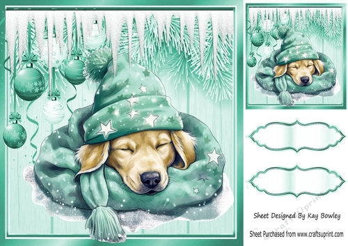 Sleepy Dreamy Puppy With Turq Baubles & Icicles 8x8