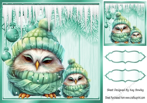 Sleepy Dreamy Owls With Turq Baubles & Icicles 8x8