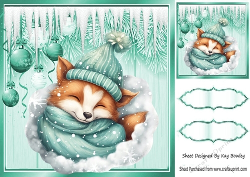 Sleepy Dreamy Fox With Turq Baubles & Icicles 8x8
