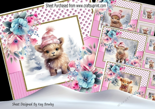  4 Baby Highland Cows In Christmas Pink Dotty 8x8 Frame Mini Kit