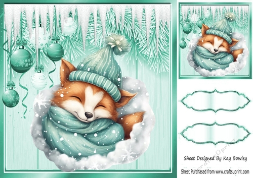 Sleepy Dreamy Fox In Hat With Turq Baubles & Icicles 8x8
