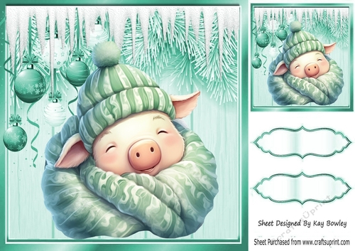 Sleepy Dreamy Pig With Turq Baubles & Icicles 8x8