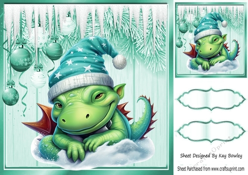 Sleepy Dreamy Dragon With Turq Baubles & Icicles 8x8