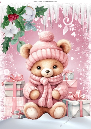 Lovely Pink Christmas With Snow & Icicles, Teddy Bear A4