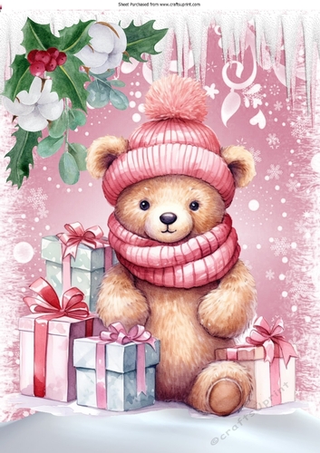 Lovely Pink Christmas With Icicles, Teddy Bear With Gift A4