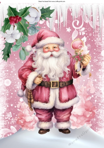 Lovely Pink Christmas With Snow/ Icicles, With Lovely Santa  A4