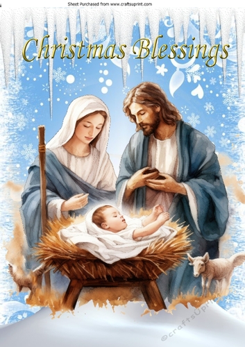Snow Scene With Nativity Mary & Joseph Christmas Blessings (Four) A4