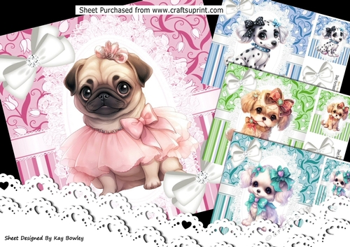 4 Cute Puppies Dressed With White Bows Card Fronts 8x8 Mini Kit