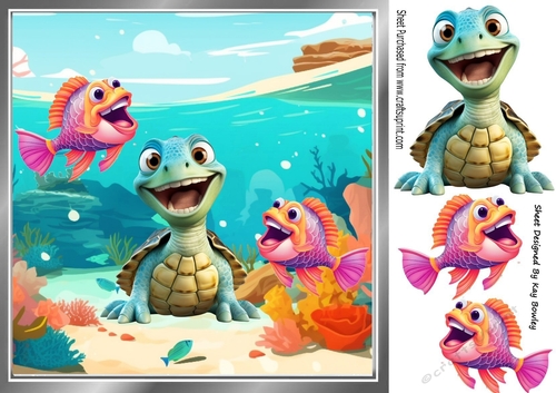Lovely Under  The Sea Turtle With Fish 8x8