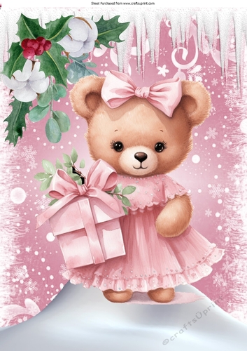 Lovely Teddy Dressed in Pink Party Dress With Gift For Christmas A4
