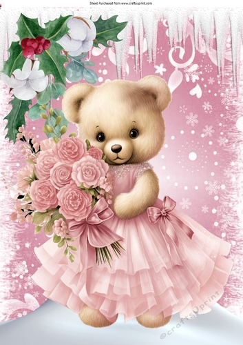 Lovely Teddy Dressed in Pink Dress With Roses For Christmas A4