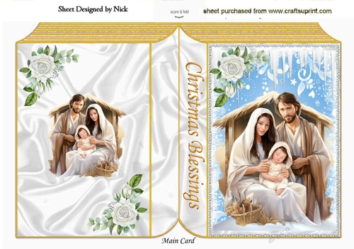 Pretty Nativity Gold/Blue Folded Book With Roses (Two)