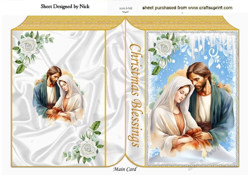 Pretty Nativity Gold/Blue Folded Book With Roses (Four)
