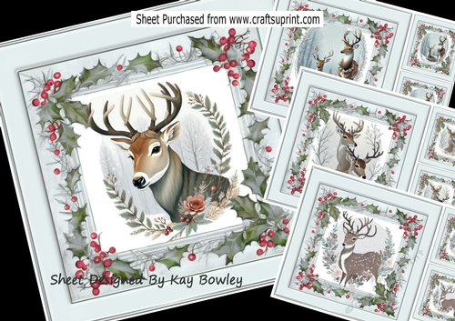 4 Winter White Reindeers In Grey Holly Red Berry 8X8 Mini Kit