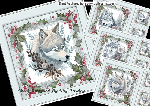 4 Winter White Wolves In Grey Holly Red Berry 8X8 Mini Kit