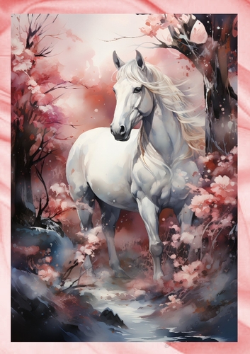 Beautiful White Horse With Peach Blossoms A4 (One)