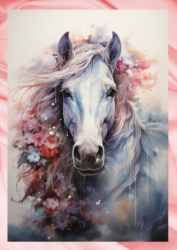 Beautiful White Horse With Peach Blossoms A4 (Two)