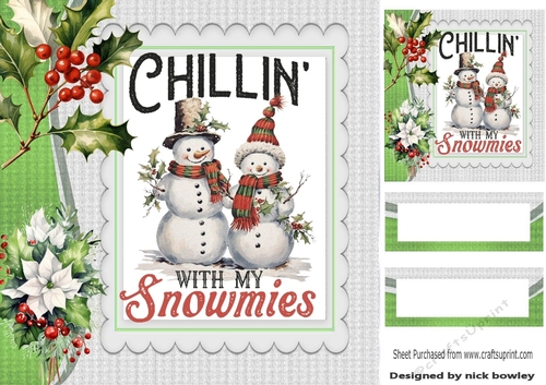 Chillin Snowmen With Holly And Berries 8x8 Card Fronts
