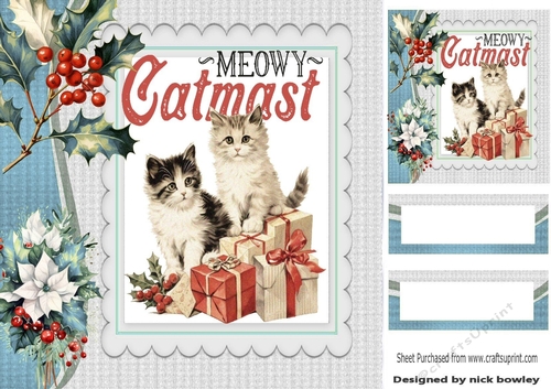 Cute Cats With Holly And Berries 8x8 Card Front Blue