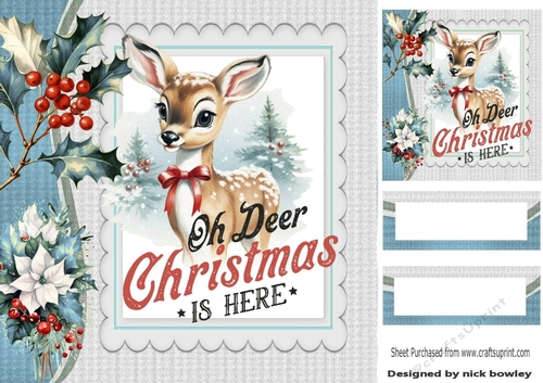 Cute Deer With Holly And Berries 8x8 Card Front Blue