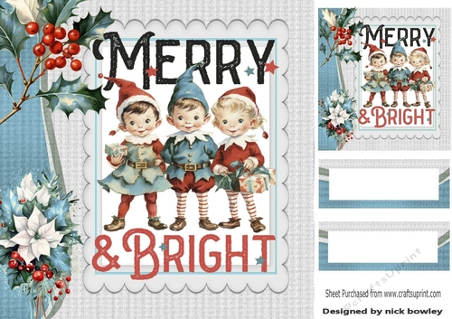 Lovely Santa Elves With Holly/ Berries 8x8 Card Fronts Blue