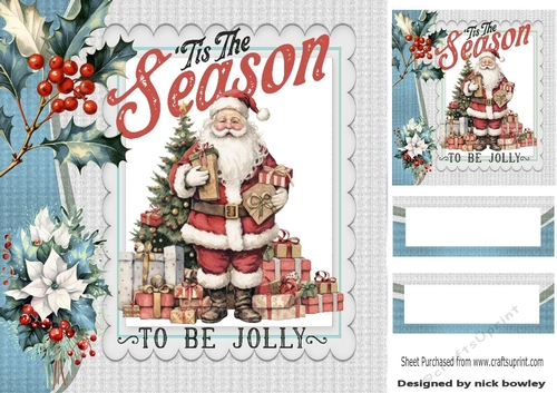 Chillin Santa With Holly And Berries 8x8 Card Fronts Blue