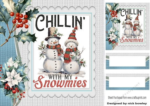 Chillin Snowmen With Holly And Berries 8x8 Card Fronts Blue 