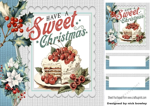 Lovely Chritmas Cream Cake Holly/ Berries 8x8 Card Fronts Blue