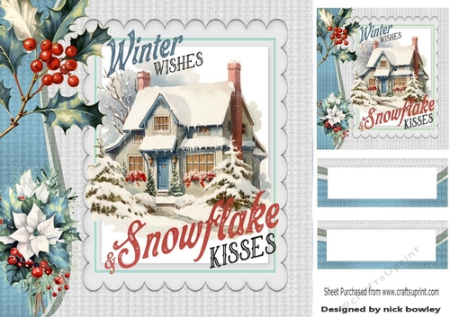 Lovely Winter Cottage With Holly/ Berries 8x8 Card Fronts Blue