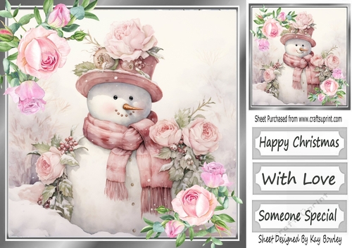 Pretty Pink Roses With Snowman (One) 8x8