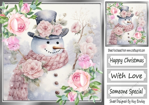 Pretty Pink Roses With Snowman (Two) 8x8