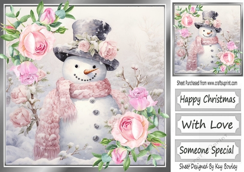 Pretty Pink Roses With Snowman (Three) 8x8