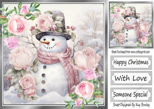 Pretty Pink Roses With Snowman (Four) 8x8