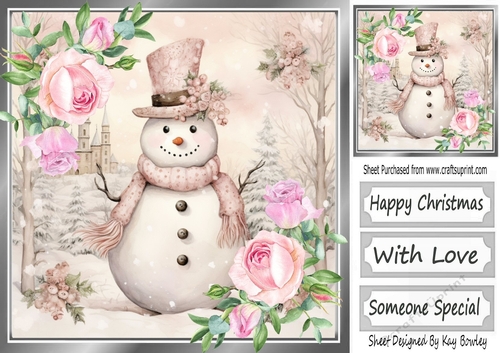 Pretty Pink Roses With Snowman (Five) 8x8