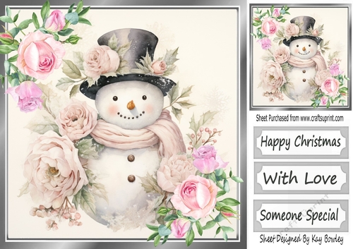 Pretty Pink Roses With Snowman (Six) 8x8