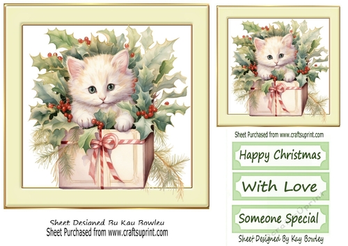 Cute Kitten With Christmas Present  In Cream 7x7 Frame ONE