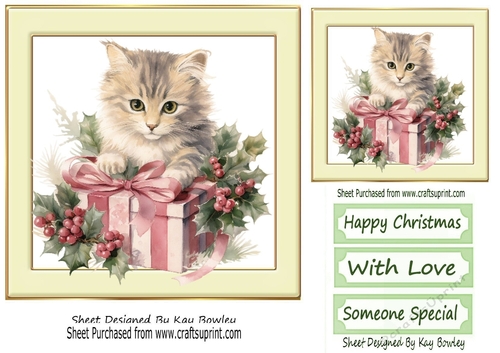 Cute Kitten With Christmas Present  In Cream 7x7 Frame THREE