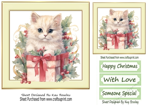 Cute Kitten With Christmas Present  In Cream 7x7 Frame FOUR