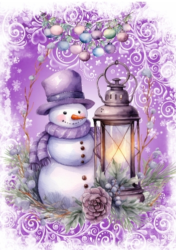 Purple Christmas With Snowman & Lantern A4