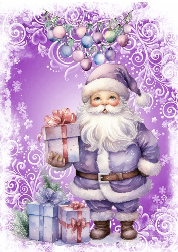 Purple Christmas With Santa ,Presents & Baubles A4