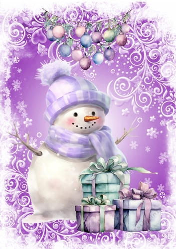 Purple Christmas With Snowman, Presents & Baubles A4