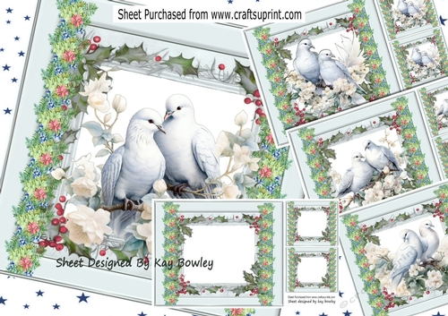 4 Pretty White Doves With Flowers And Holly 8x8 Mini Kit