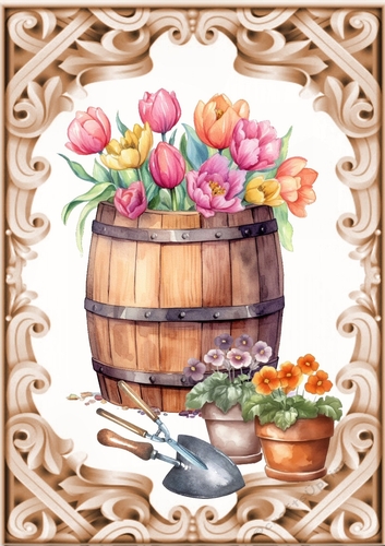 Lovely Wooden Barrel Of Flowers & Gardening Tools A4