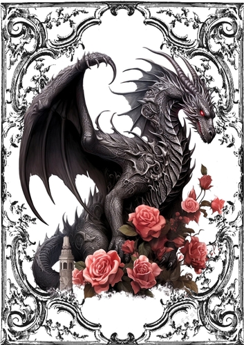 Black Ornate Scroll Gothic A4 Card With Dragon/Pink Roses