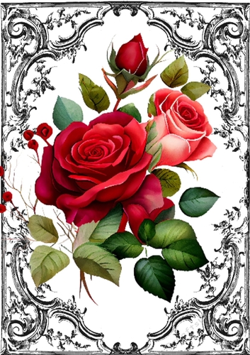 Black Ornate Scroll Gothic A4 Card With Red Roses 