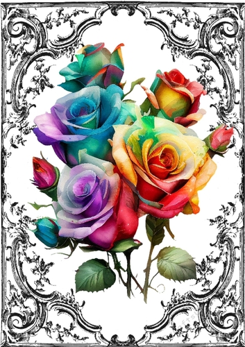 Black Ornate Scroll Gothic A4 Card With Coloured Rainbow Roses
