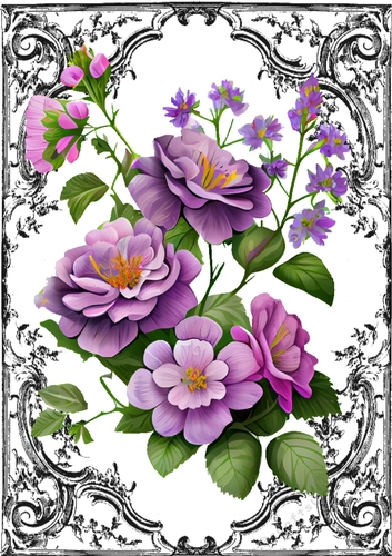 Black Ornate Scroll Gothic A4 Card With Purple Flowers